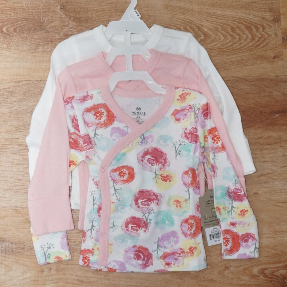 NWT 3 pack baby girl kimono long sleeve tops, 6-9 months, HonestBaby organic